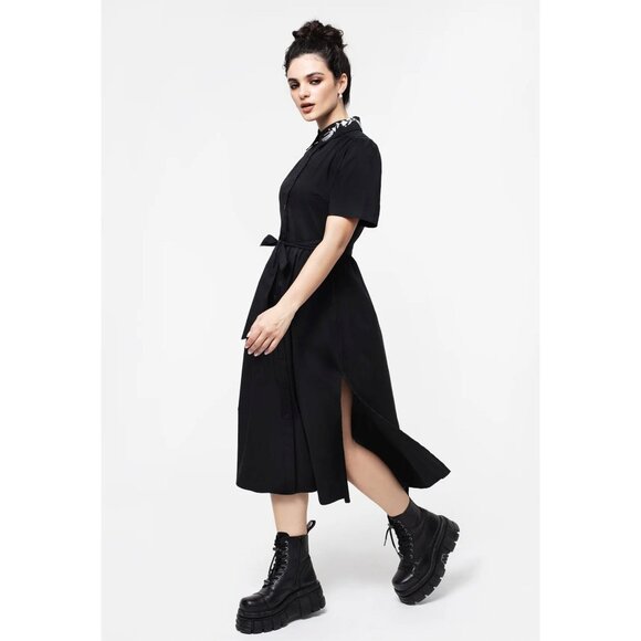 Disturbia Tempora Embroidered Midi Shirt Dress Skeleton Hand Belted Black US 12 - Picture 7 of 16